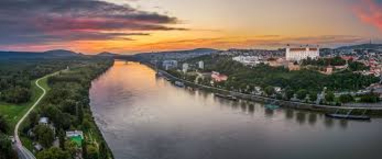 River Danube at sunset with Bratislava Castle in the background